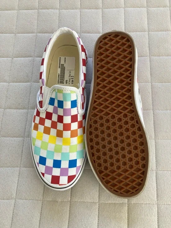 Vans Women’s Slip-On Multicolor Rainbow Checkerboard Sneakers - Picture 4 of 7